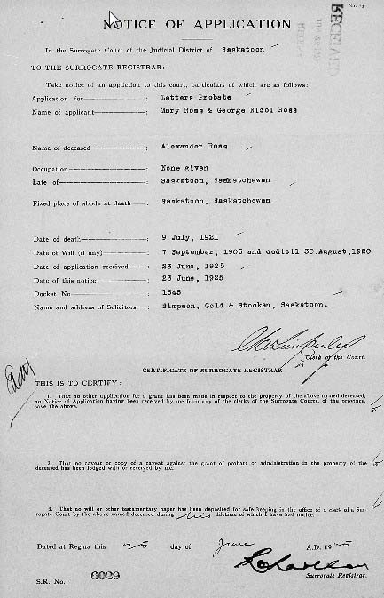 historic Saskatchewan probate record